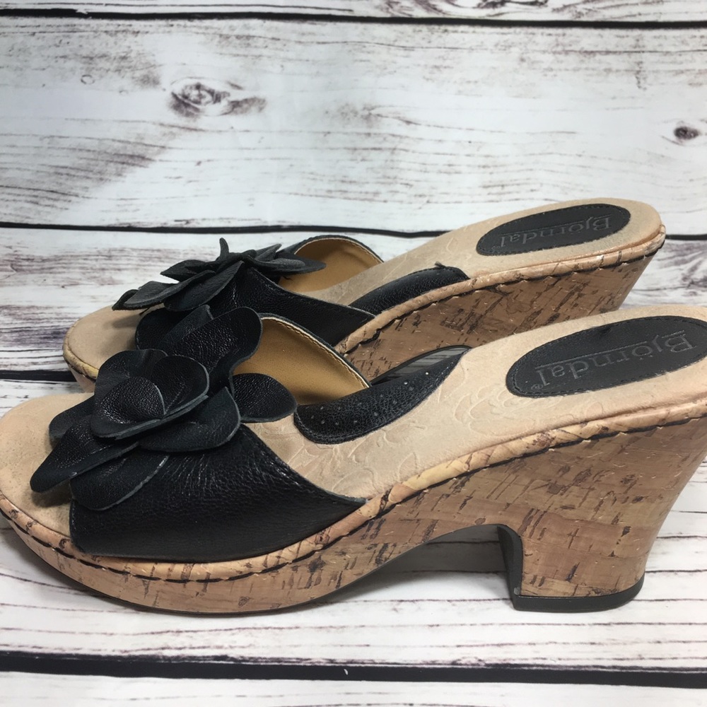 Bjorndahl Black Flower Cork Platform Wedges